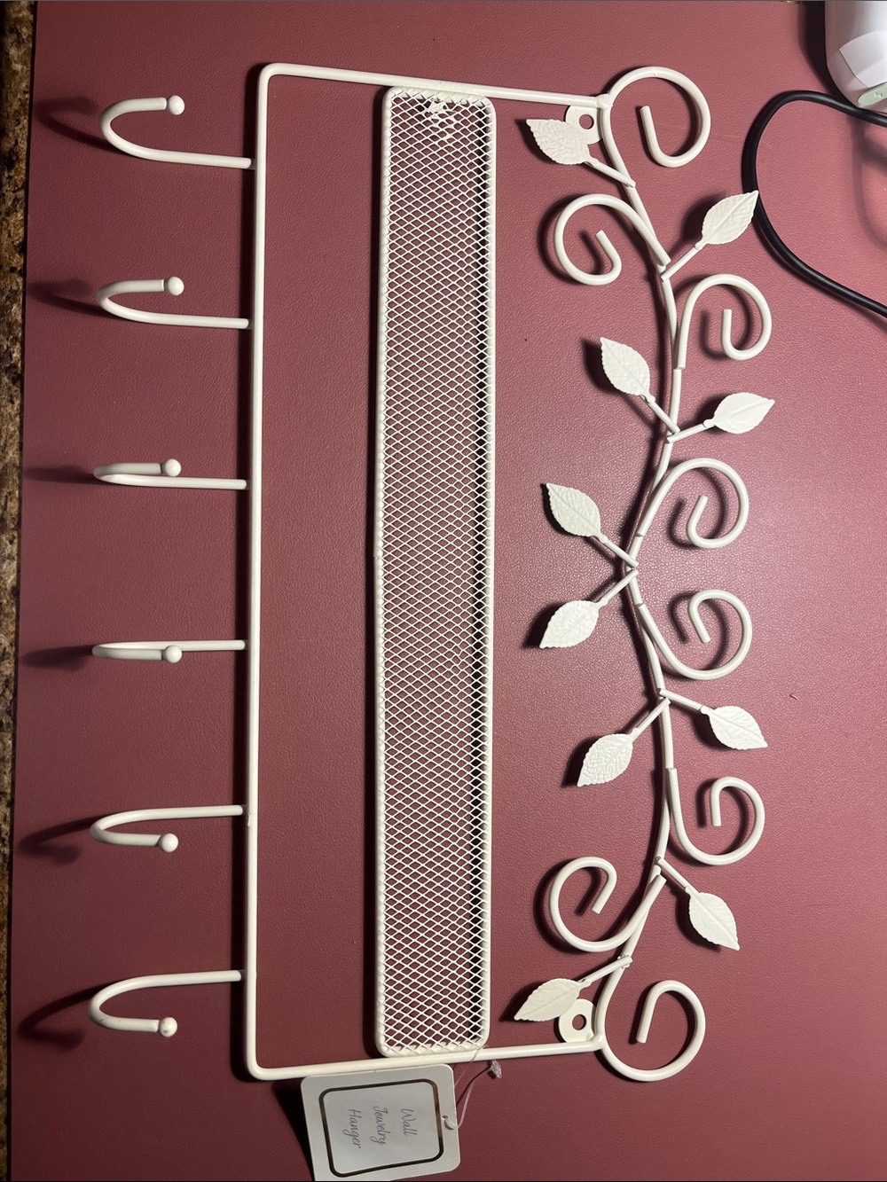 White Metal Wall Jewelry Organizer Rack with Leaf Detail